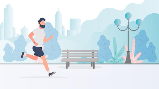 Man runs through the park in the morning illustration