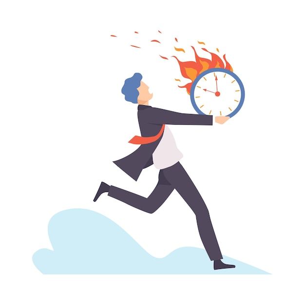 Man runs with a burning clock vector illustration