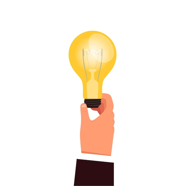 A man's hand holds a glowing light bulb. The concept of generating business ideas and creativity from a businessman. Cartoon flat . Isolated on a white background.