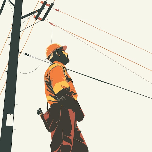 Vector a man in a safety vest is standing on a power line