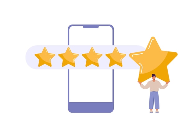 Man satisfied customer give rating 5 stars on smartphone People feedback vector illustration by giving star rating