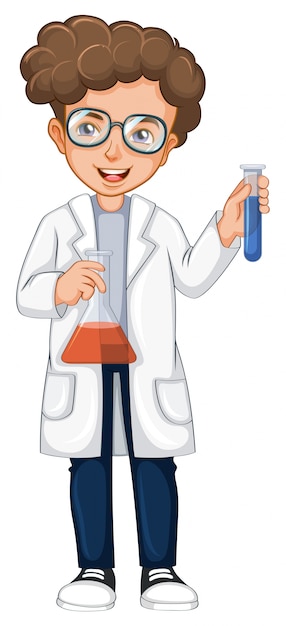 Man in science gown holding two beakers