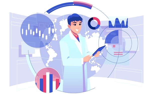 Man scientist controlling futuristic hologram interface vector concept illustration