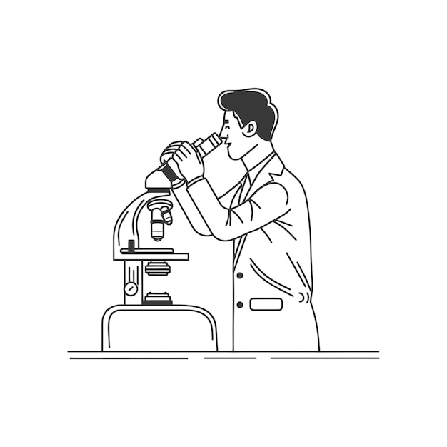 Vector man scientists looking through microscope in minimalist line art icon logo symbol