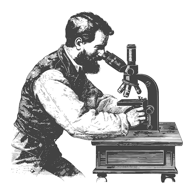 Vector man scientists looking through microscope with engraving style