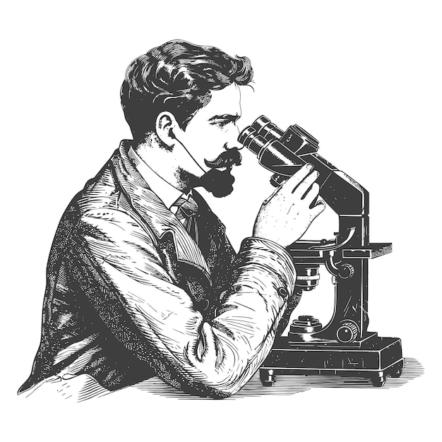 man scientists looking through microscope with engraving style