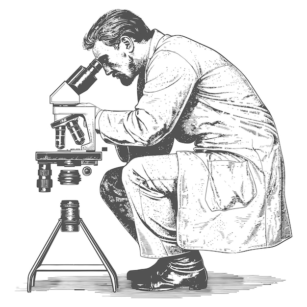 Vector man scientists looking through microscope with engraving style