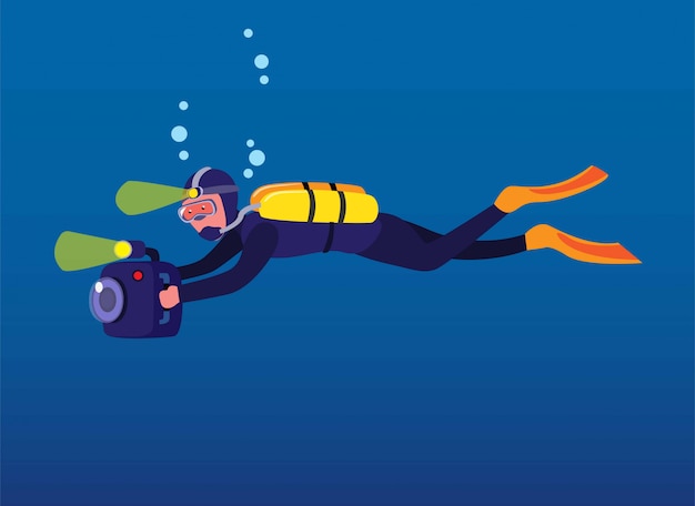 man scuba diving holding camera, cameraman recording under water in ocean with flash light cartoon in flat illustration