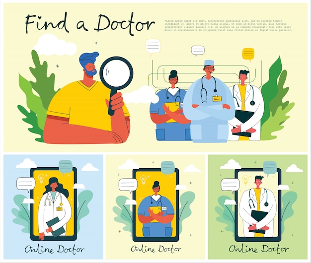 A man searching for the doctor. Mobile application illustration. Concept design for medical help resources. Online doctor instant help approach.