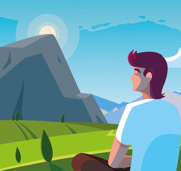 Vector man seated observing landscape mountainous