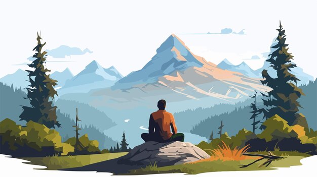 Vector man seated observing mountainous landscape vector illustration