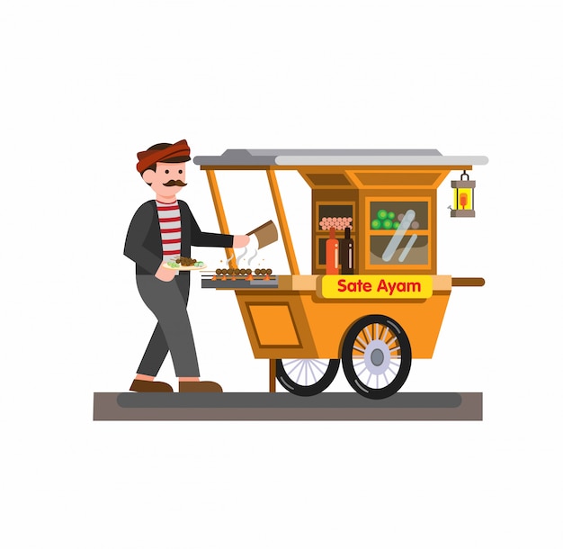 Man selling satay chicken indonesian traditional food in cart cartoon flat illustration   isolated