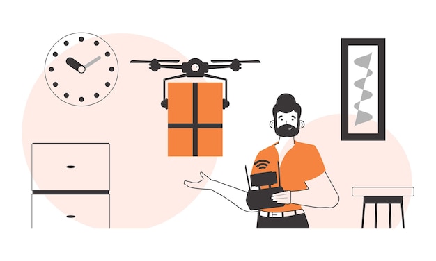 A man sends a package with a drone The concept of cargo delivery by air Minimalistic linear style