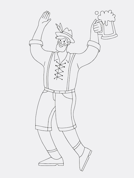 A man in a shirt and hat holds a large mug of beer vector outline illustration for Octoberfest