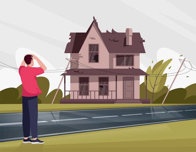 Man shocked by shabby house with broken windows semi flat illustration