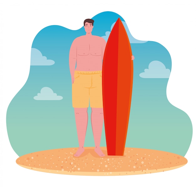 Man in shorts, happy guy in swimsuit with surfboard on the beach, summer vacation season