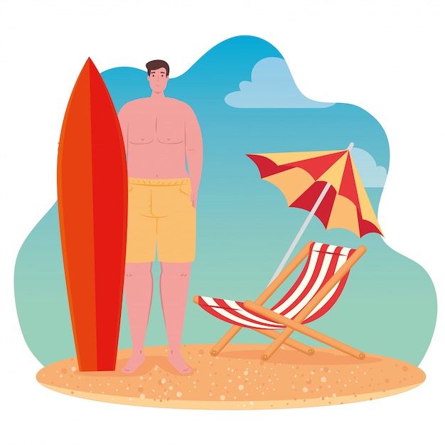 Man in shorts with surfboard, chair and umbrella, scene of beach, summer vacation season vector illustration design