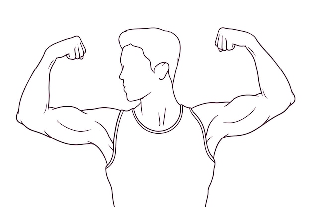 Man showing his biceps hand drawn style vector illustration