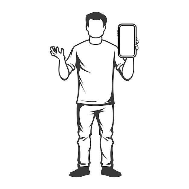 man shows a blank white cellphone screen in minimalist line art icon logo symbol