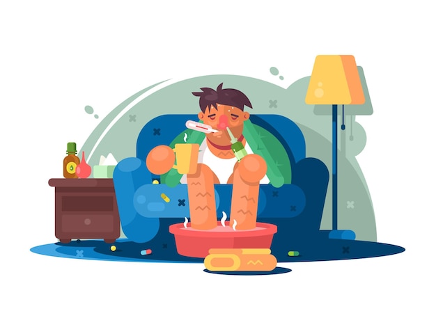 Man sick with cold sitting in chair with thermometer and cup of tea. Vector illustration