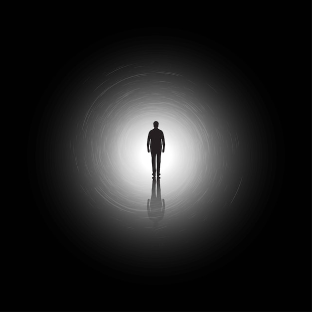 Man silhouette going on light in tunnel Exit Illustration of a man in depression Psychology illustration