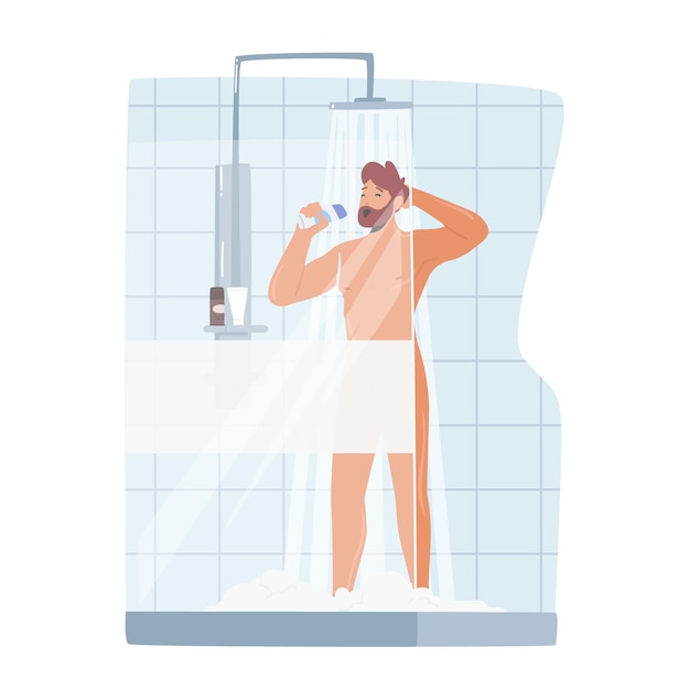 Man Singing in Shower, Naked Happy Male Character Bathing