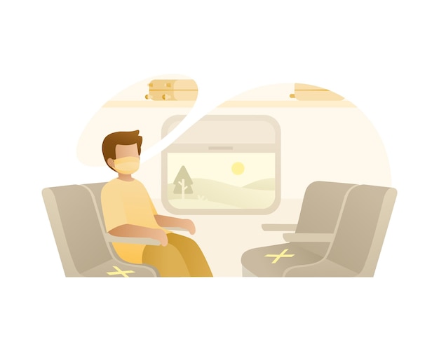 A Man Sit Alone in Train Wearing Face Mask Illustration