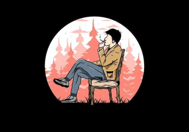 Man sit on chair and smoke cigarettes illustration