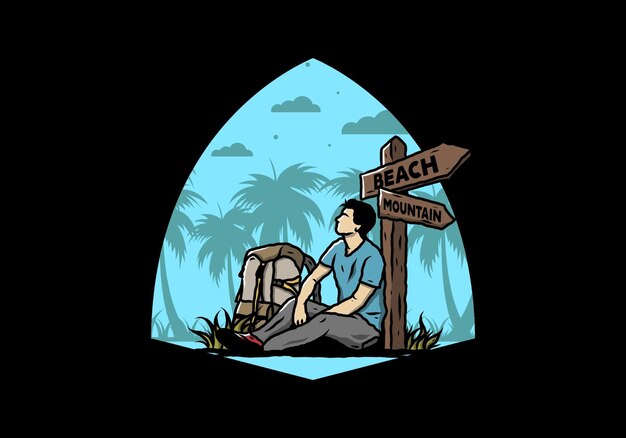 Man sit on the ground beside the way sign beach and mountain illustration