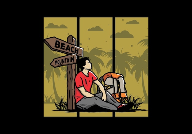 Man sit on the ground beside the way sign beach and mountain illustration