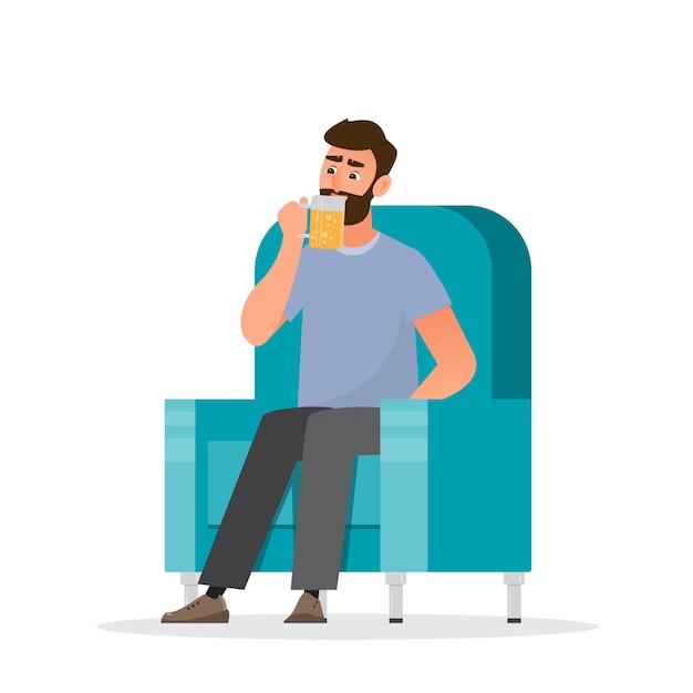 Man sit on sofa and drink a beer. healthy concept,  llustration cartoon character