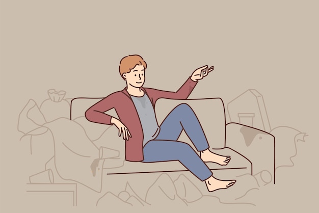 Man sit on sofa surrounded with trash