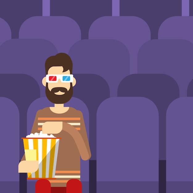 Man Sit Watching Movie In Cinema 3d Glasses With Popcorn 