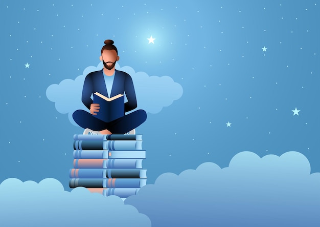 Man sits atop a stack of books reading a book amongst the stars