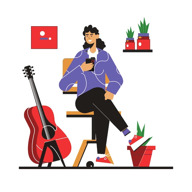 Vector a man sits in a chair holding a phone with a guitar beside him