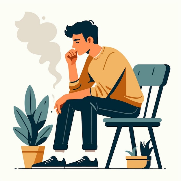 a man sits in a chair and smokes a cigarette