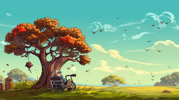 a man sits in a chair under a tree with the words the tree on it