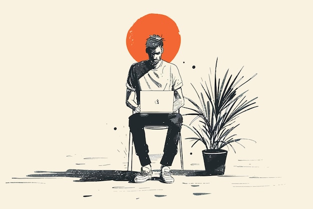 a man sits in a chair with a laptop on his lap