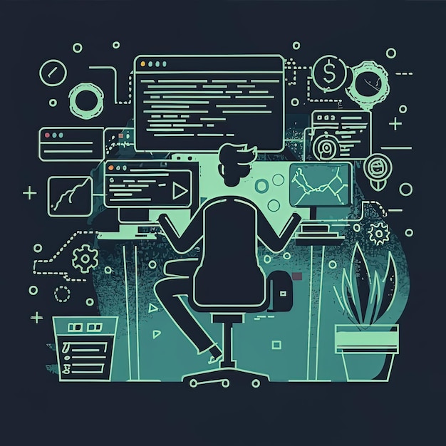 Vector a man sits at a computer with the words quot code quot on the back