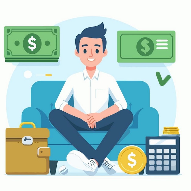 a man sits on a couch with a dollar bill and a wallet