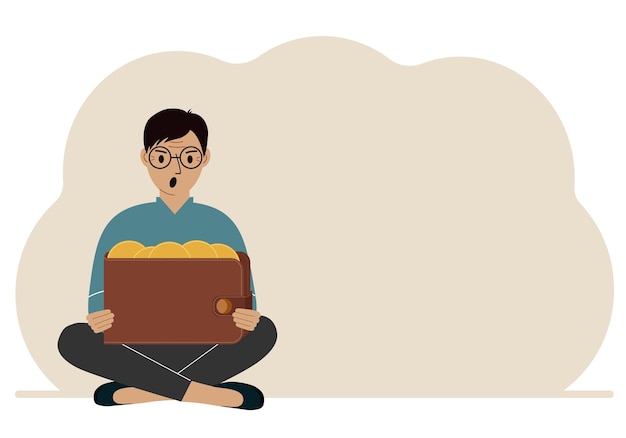 A man sits crosslegged and holds a large purse of coins The concept of a savings wallet a successful loan golden earnings with metal money in the currency