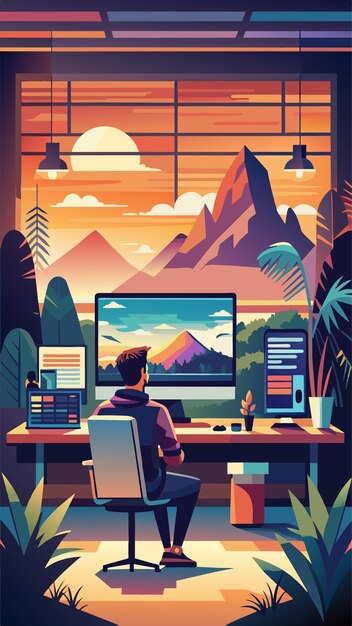 Vector a man sits at a desk in front of a mountain with mountains in the background