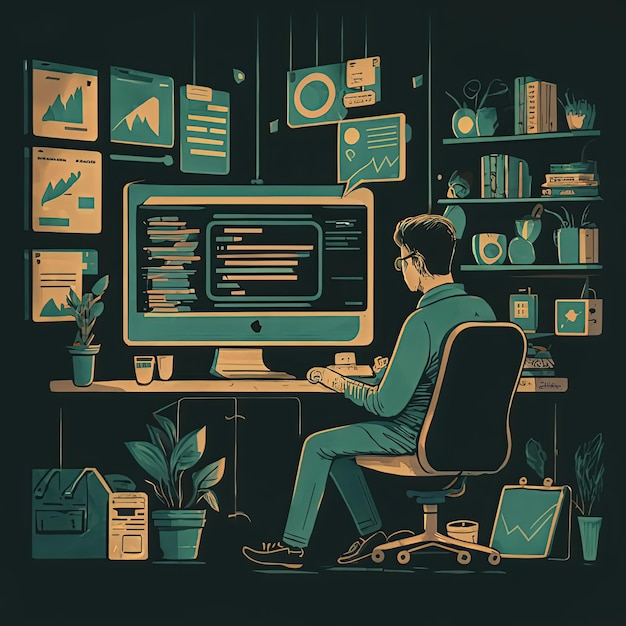 Vector a man sits at a desk with a computer and a monitor showing the word code