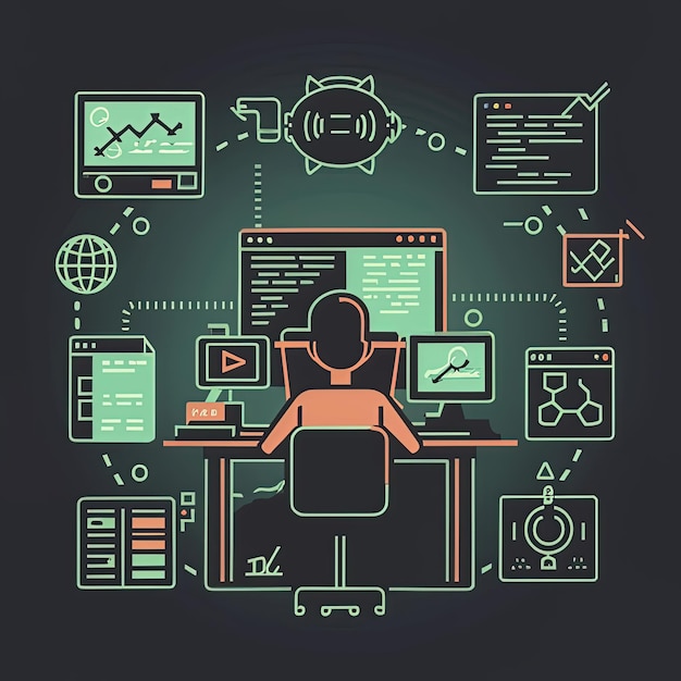 a man sits at a desk with a graphic of a person working on a computer