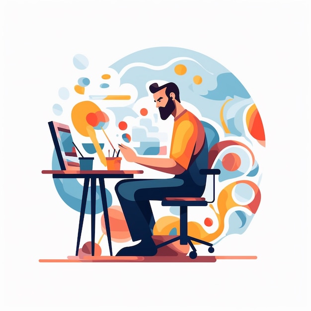 Vector a man sits at a desk with a laptop and a drawing of a man working on it