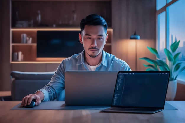 a man sits at a desk with a laptop and a mouse