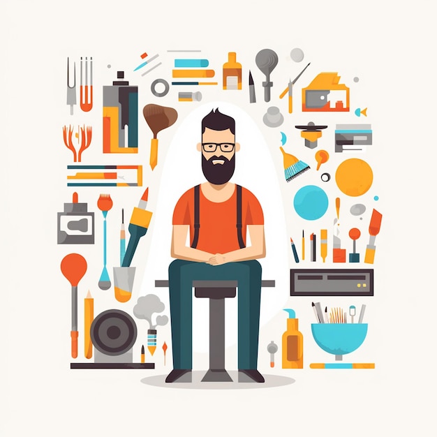 a man sits in front of a collection of various kitchen utensils