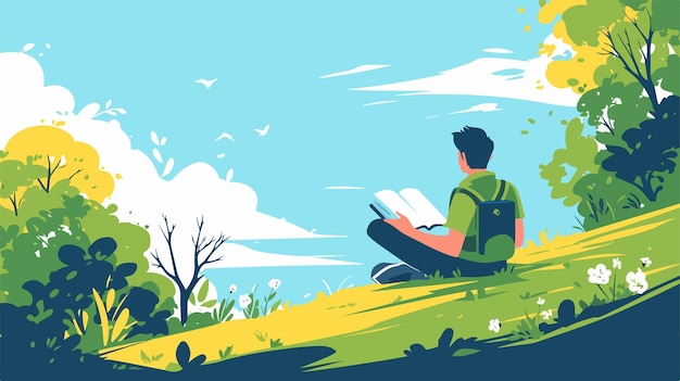 a man sits on a hill reading a book