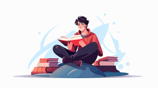 a man sits on a pile of books reading a book