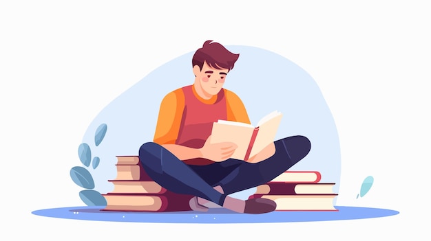 a man sits on a pile of books and reads a book